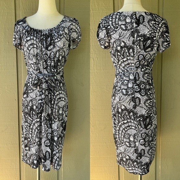 Calvin Klein Black White Dress Lace Print Small Belted Office Work Modest - Picture 3 of 11